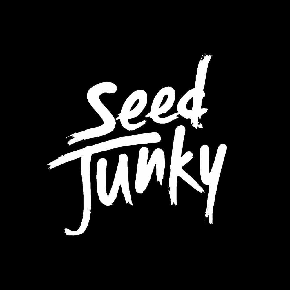 Auf einem einfarbig schwarzen Hintergrund steht in weißer Schrift im Handschriftstil „Seed Junky“.