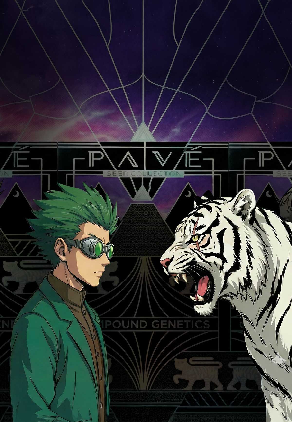 Ein Mann mit grünem Haar und Schutzbrille starrt auf einen brüllenden weißen Tiger vor einem geometrischen, futuristischen Hintergrund mit stilisierten Tiermotiven und den Worten COMPOUND GENETICS und SEEN COLLECTION.