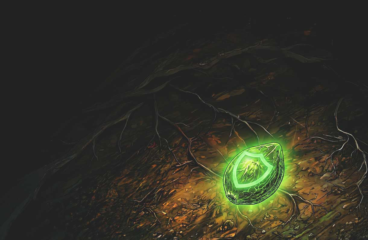 Ein leuchtend grüner Edelstein strahlt auf einem dunklen Waldboden Licht aus und beleuchtet Wurzeln und Erde um ihn herum, während die Umgebung in Dunkelheit versinkt.