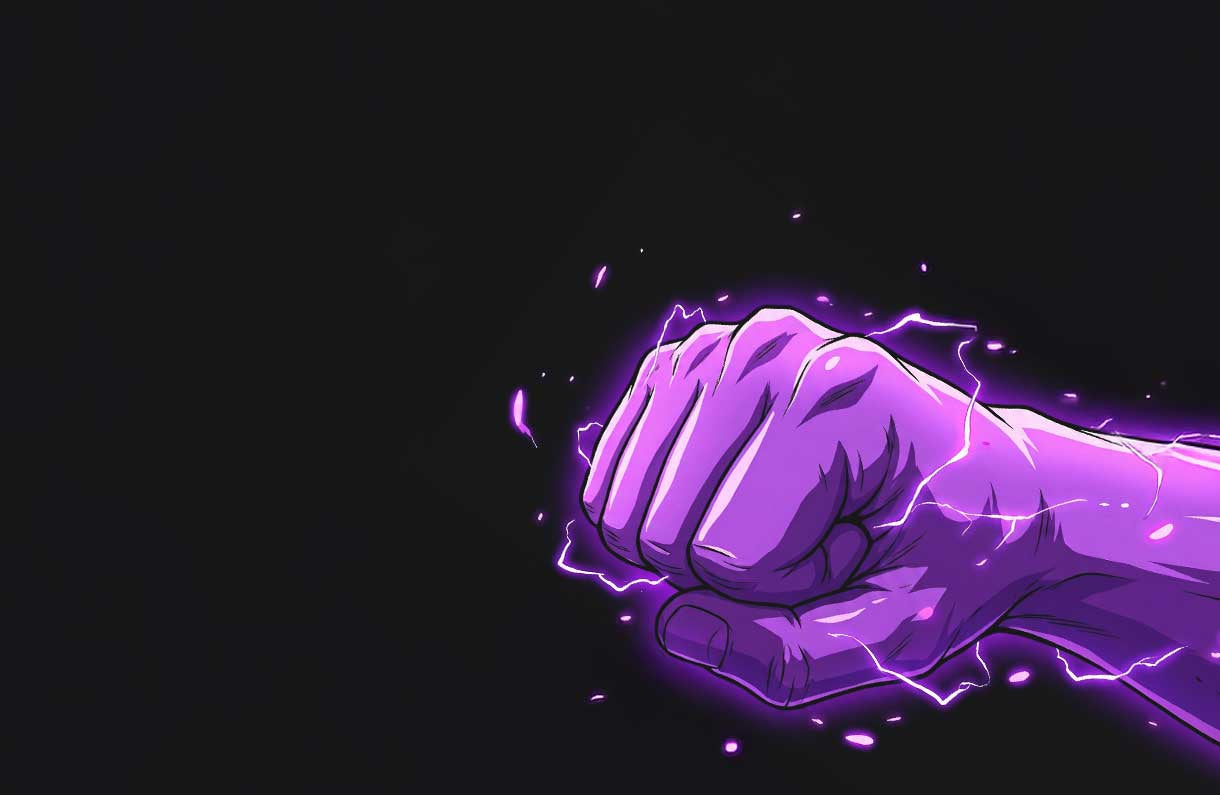 Eine leuchtend violette Faust, umgeben von elektrischer Energie, ist vor einem dunklen, leeren Hintergrund geballt und symbolisiert Macht und Stärke.