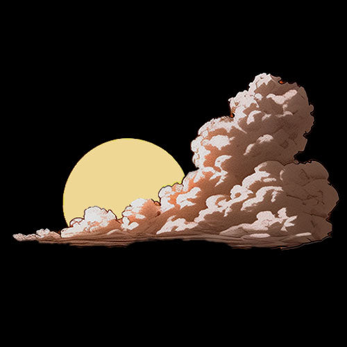 Eine große, gelbe Sonne ist teilweise hinter wogenden, braunen und weißen Wolken vor einem soliden schwarzen Hintergrund verborgen.