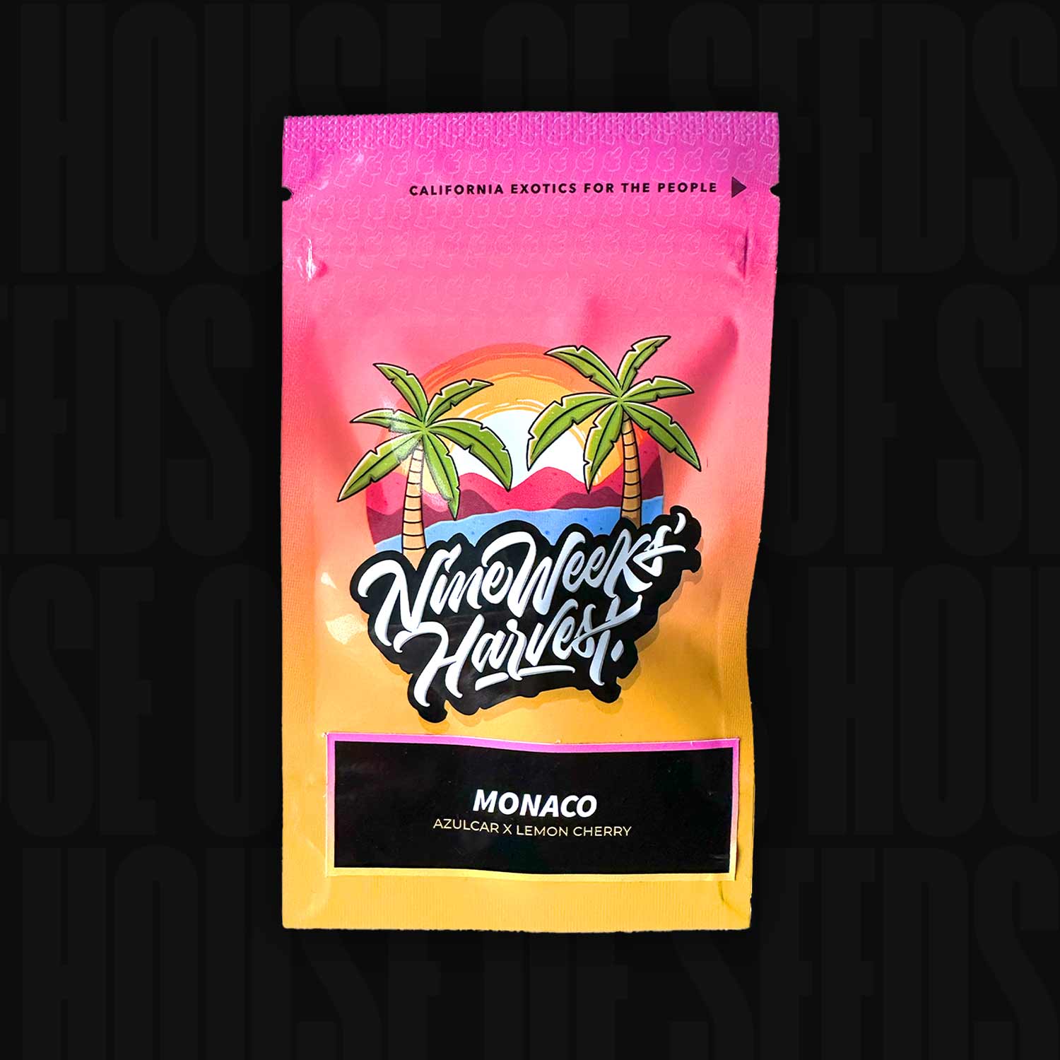 Verpackung von Nine Weeks Harvest für Sorte Monaco mit Angaben zu Genetik und Aroma