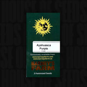 Barney’s Farm Ayahuasca Purple Packung mit Sonnenlogo, Website-Infos, Aufschrift 3 feminisierte Samen vor dunklem Hintergrund