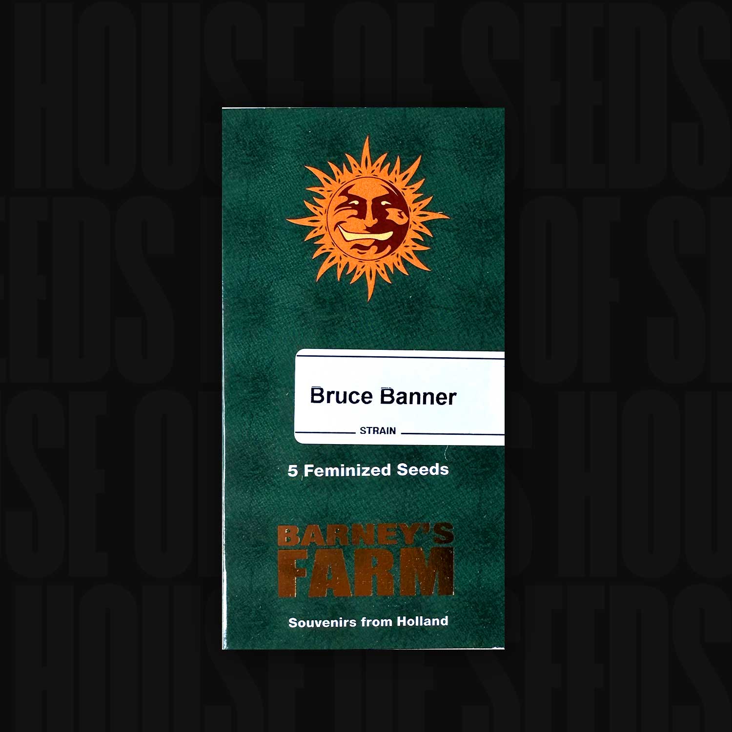 Grünes Barney’s Farm Bruce Banner Päckchen mit orangefarbenem Sonnenlogo, Aufschrift 5 feminisierte Samen und Souvenirs from Holland