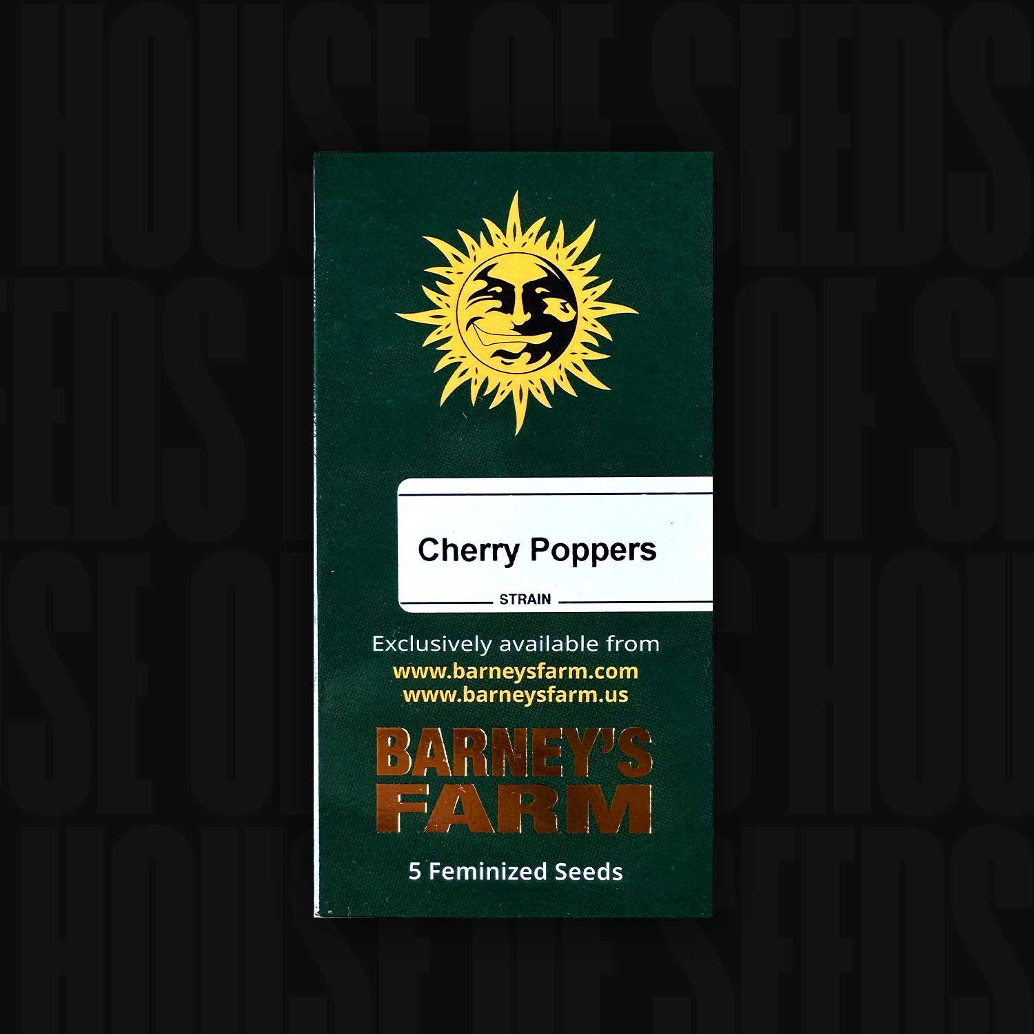 Grünes Barney’s Farm Cherry Poppers Päckchen mit Sonnenlogo, Aufschrift 5 feminisierte Samen und Website-Details