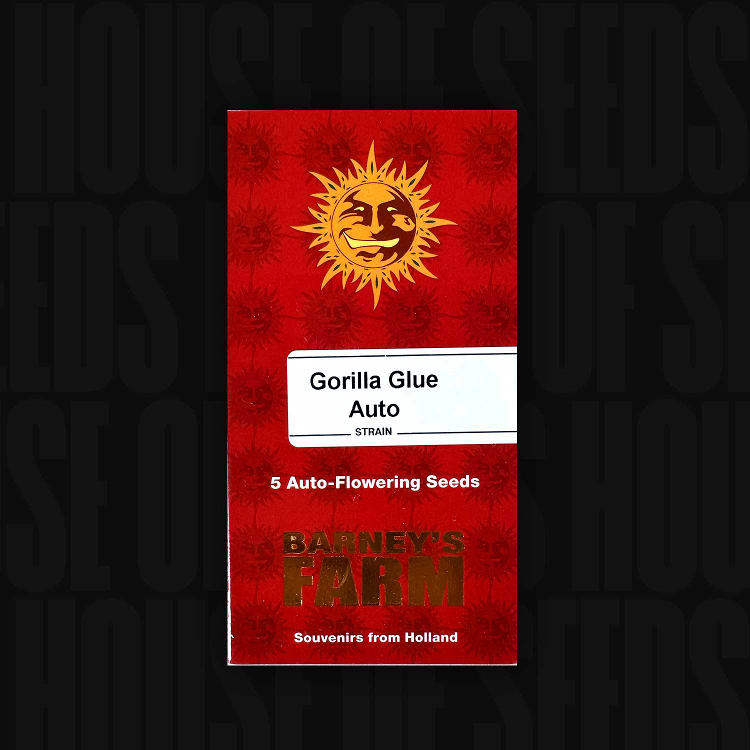 Rote Gorilla Glue Auto Verpackung von Barneys Farm für 5 Auto-Flowering Seeds mit Sonne und Text Souvenirs aus Holland