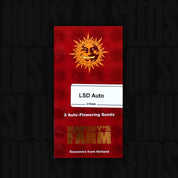 Rote Barney’s Farm Verpackung „LSD Auto (3 Samen)“ mit Sonnenlogo und goldener Aufschrift „Souvenirs aus Holland“