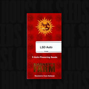 Rote Barney’s Farm Verpackung „LSD Auto (5 Samen)“ mit Sonnenlogo und goldener Aufschrift „Souvenirs aus Holland“