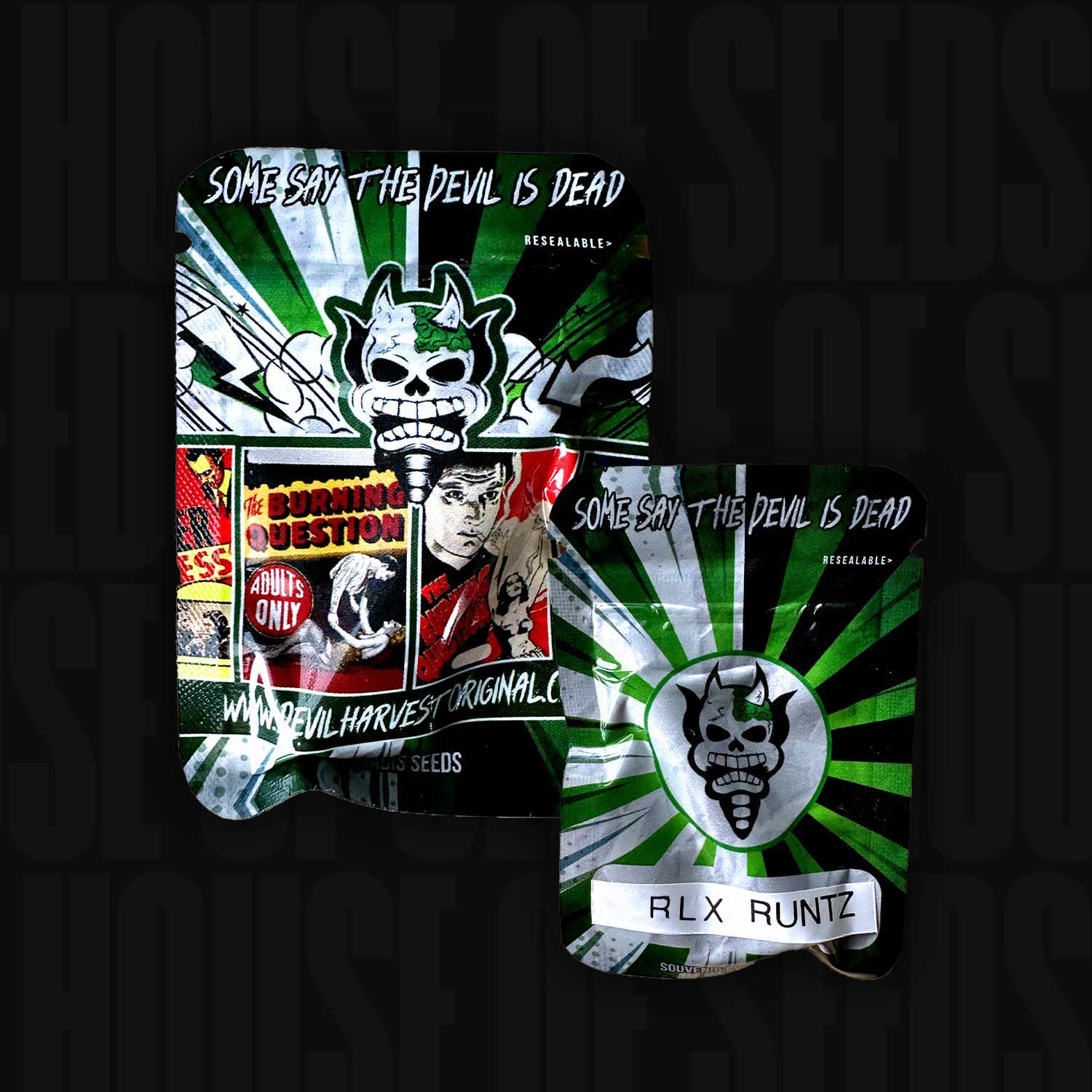 Zwei grüne und schwarze wiederverschließbare RLX Runtz-Packs von Devil's Harvest mit Teufelsgesicht und Comic-Design.