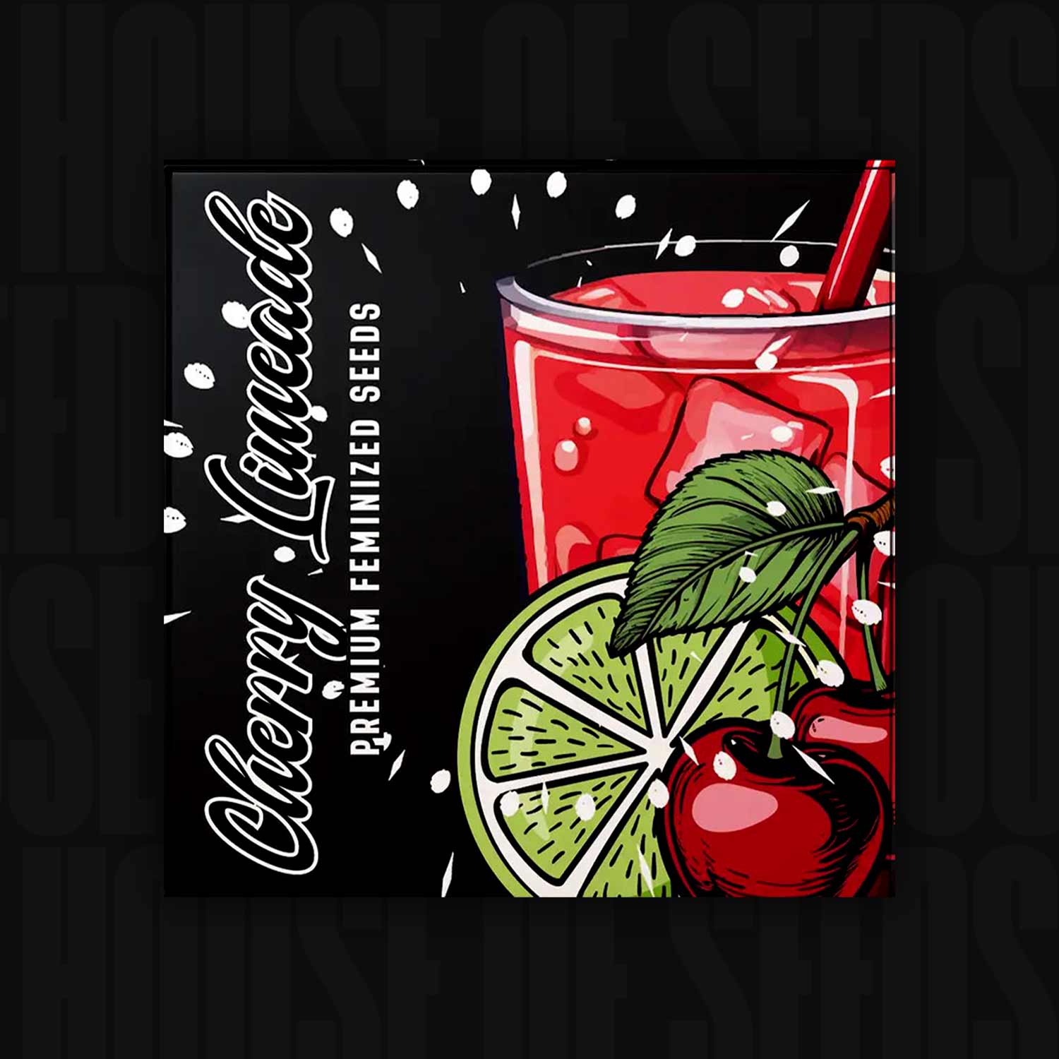 Illustration von Doja Cherry Limeade mit Limette, Kirschen und einem Strohhalm; Text: Cherry Limeade Seeds.
