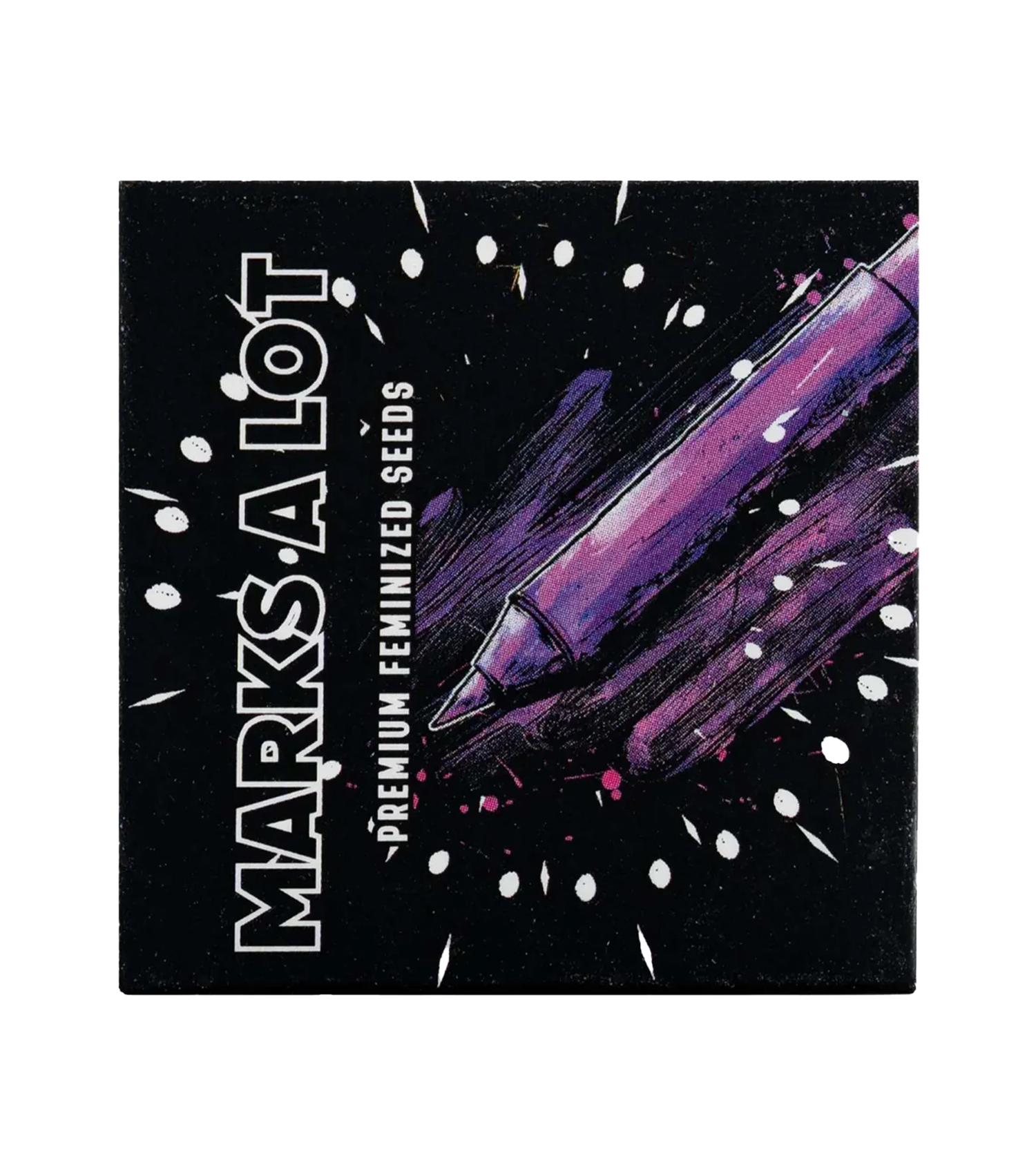 Schwarze Verpackung mit lilafarbenem Marker und dem fetten "Marks a Lot" von Doja auf dem Etikett.