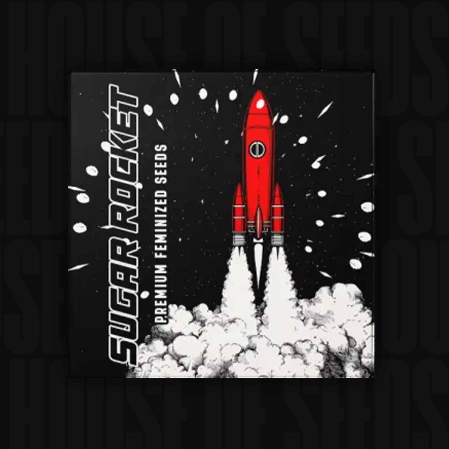 Eine rote Rakete startet mit weißem Rauch; der Text lautet DOJA SUGAR ROCKET PREMIUM FEMINIZED SEEDS.