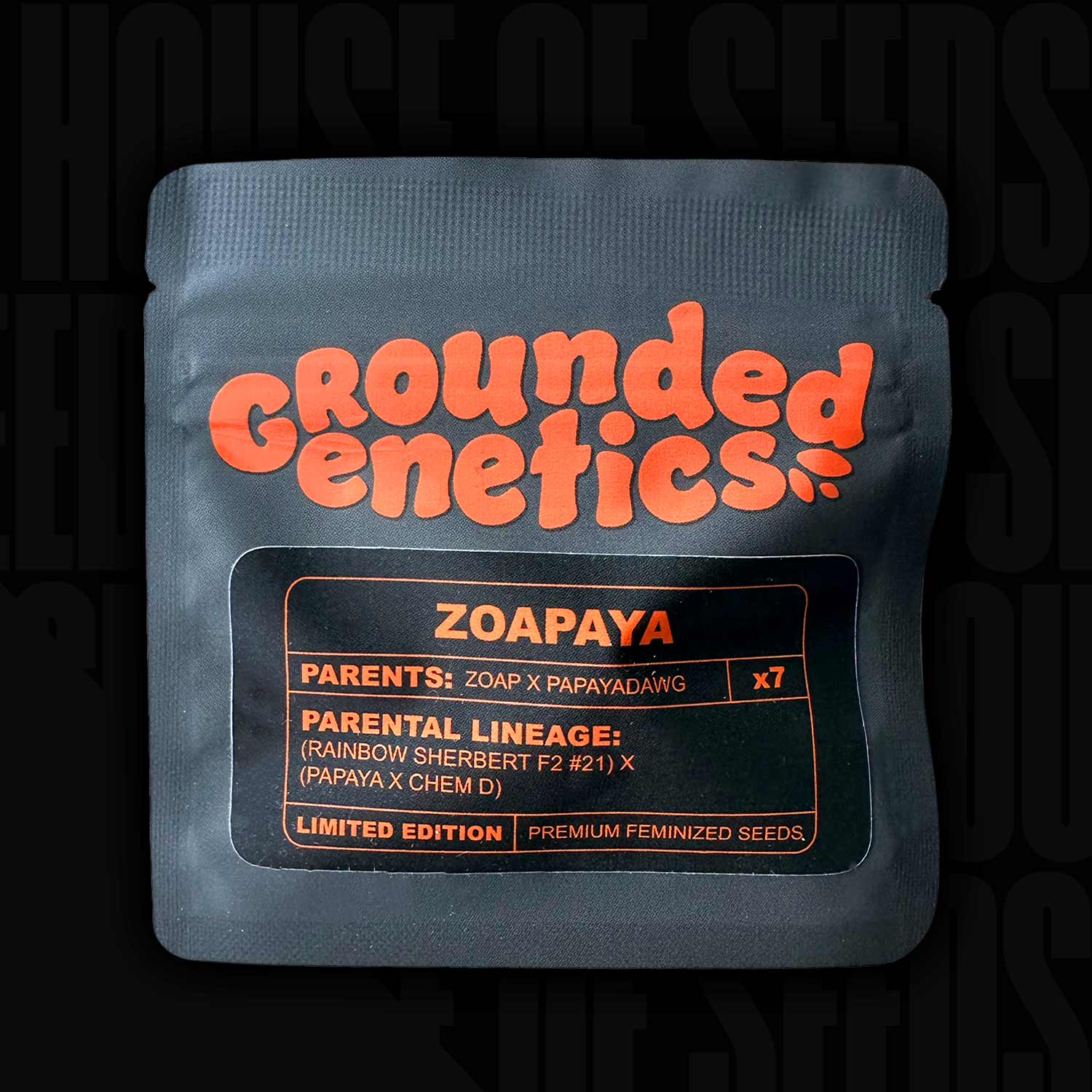 Schwarze wiederverschließbare Grounded Genetics Zoapaya Packung mit orangefarbenem Branding und Elternangaben