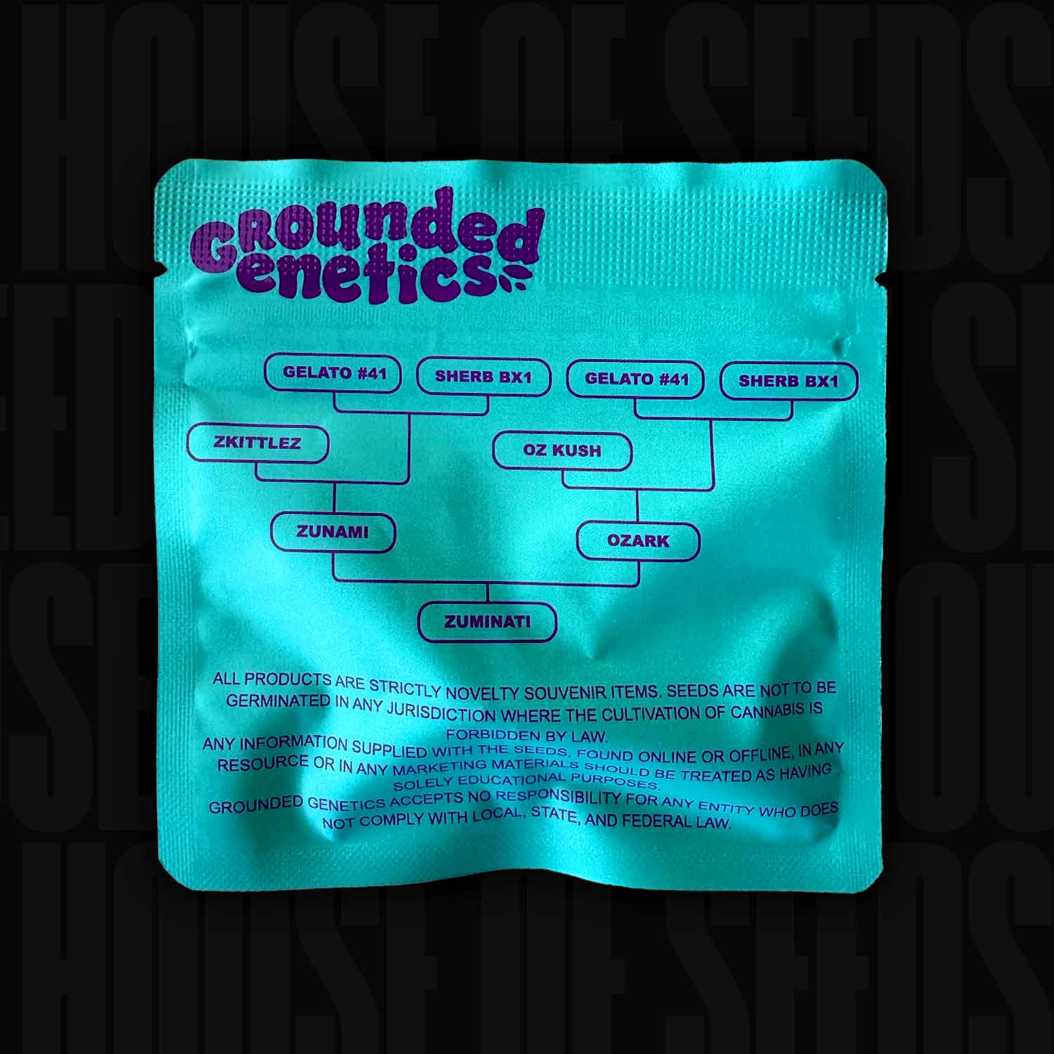 Ein blaues Grounded Genetics Zuminati Saatgutpaket mit einer Abstammungstabelle und Produktinformationstext.