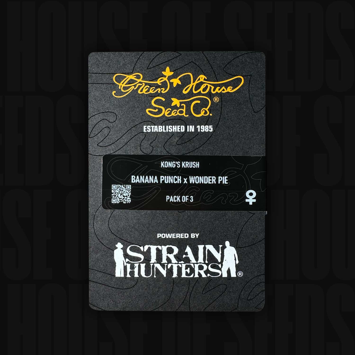 Schwarze Green House Seeds Packung Kong’s Krush, Banana Punch x Wonder Pie, mit goldenem Strain Hunters Logo