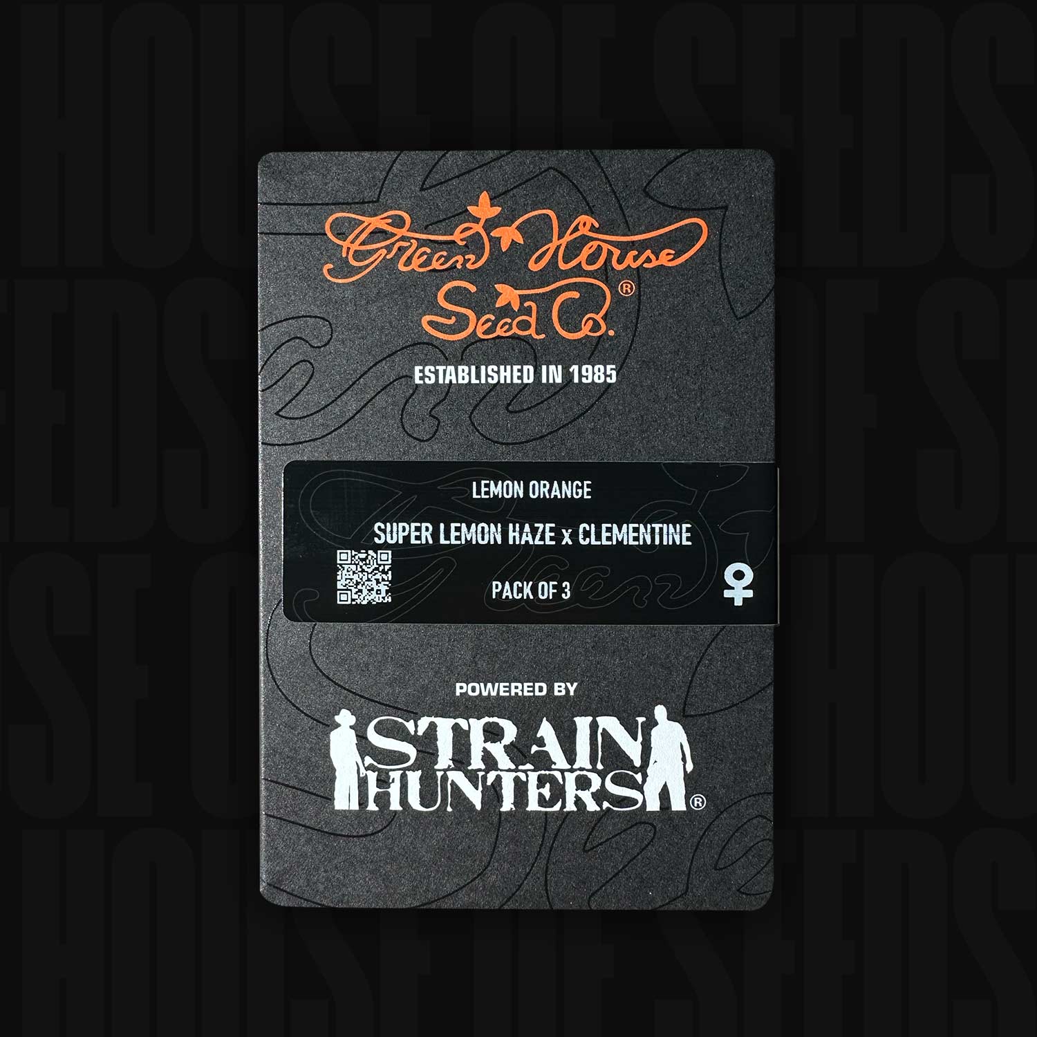 Schwarze Green House Seeds Verpackung für Lemon Orange Hybrid mit Aufdruck Super Lemon Haze x Clementine und Pack of 3