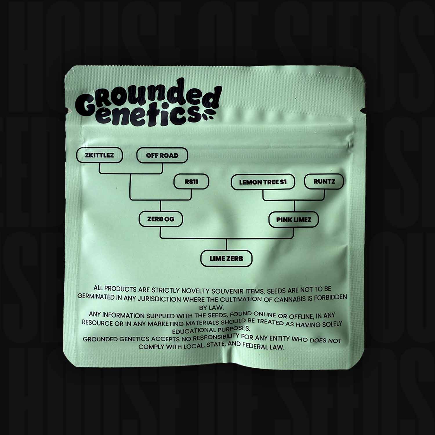 Eine mintgrüne „Lime Zerb“-Samenpackung von Grounded Genetics mit einem Stammbaum der Sorte und einem rechtlichen Hinweis.