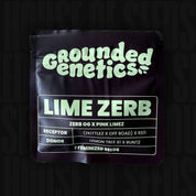 Schwarze Grounded Genetics Verpackung Lime Zerb mit Hinweis auf RS11- und Zkittlez-Abstammung sowie 7 feminisierte Samen