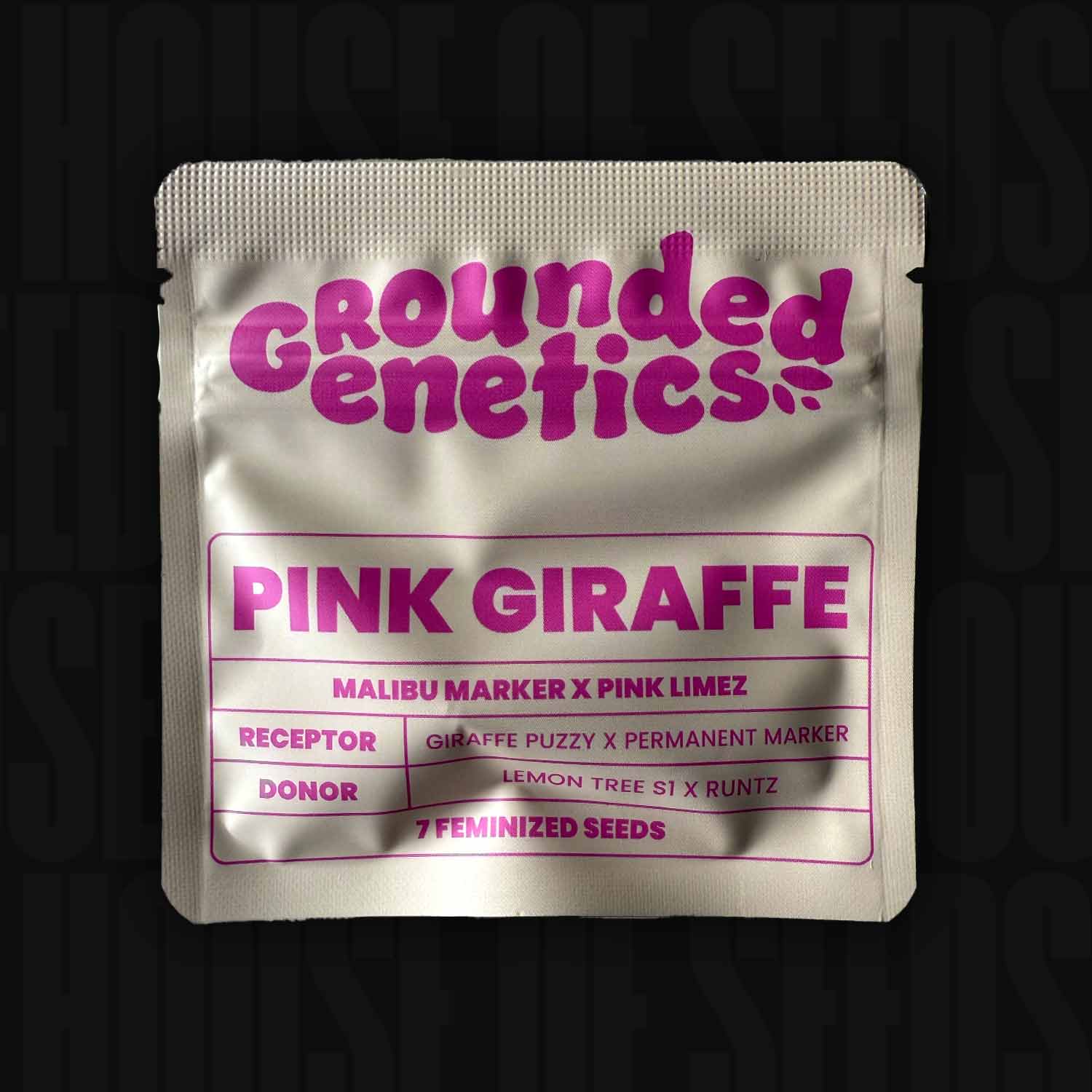 Eine weiße Packung mit Pink Giraffe-Samen, die Informationen zur Kreuzung sowie 7 feminisierte Samen enthält.