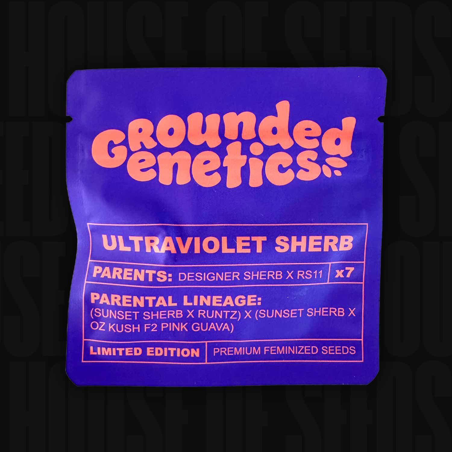 Lila Grounded Genetics Ultraviolet Sherb Packung mit orangem Text, Limited Edition Feminisierte Samen