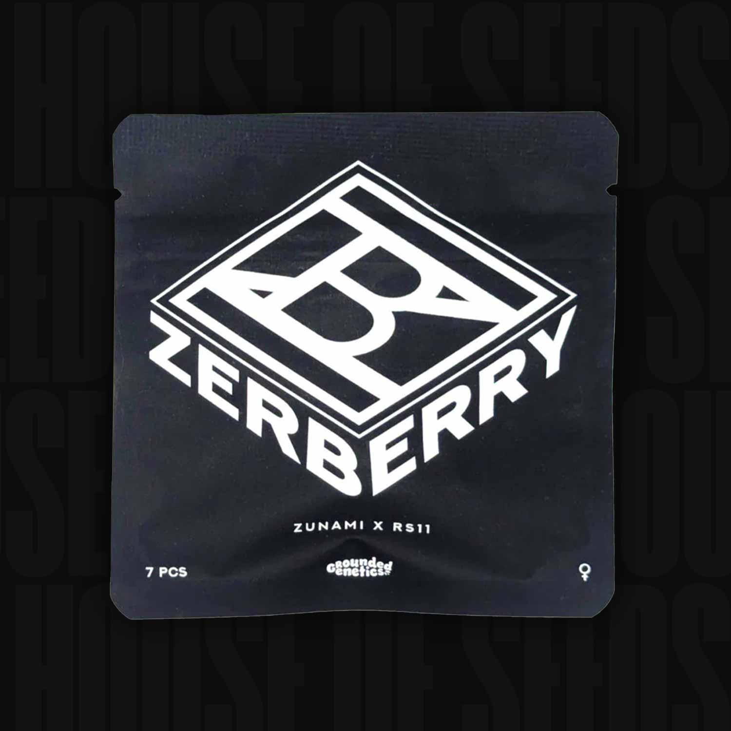 Black Zerberry1 Packung von Grounded Genetics, 7 PCS, geometrisches Logo, Zunami x RS11 auf dem Etikett vermerkt.