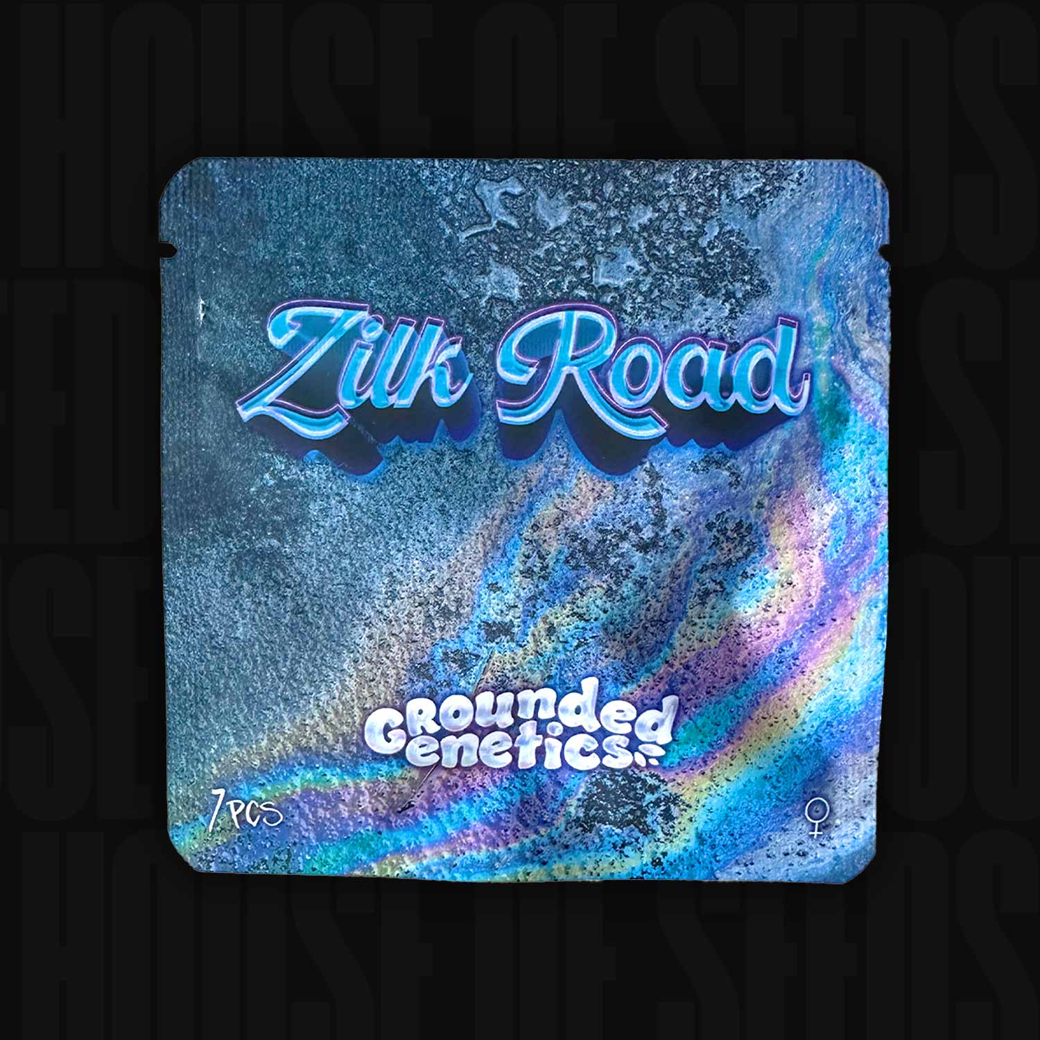 Leuchtend blaue Grounded Genetics Verpackung mit Zilk Road Schriftzug und kosmischem Design, Etikett zeigt 7 PCS