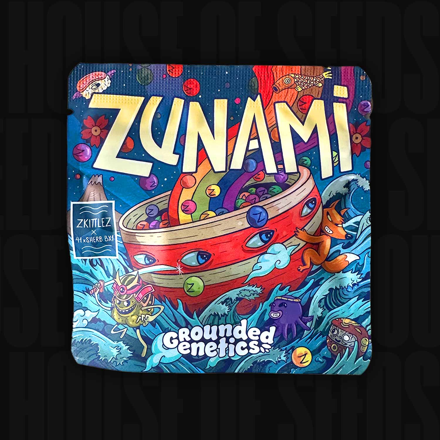 Farbenfrohe Grounded Genetics Zunami Verpackung mit Wellen, rotem Boot voller Zkittlez-Bonbons, dazu Fuchs, Drache, Sterne und verspielte Grafiken