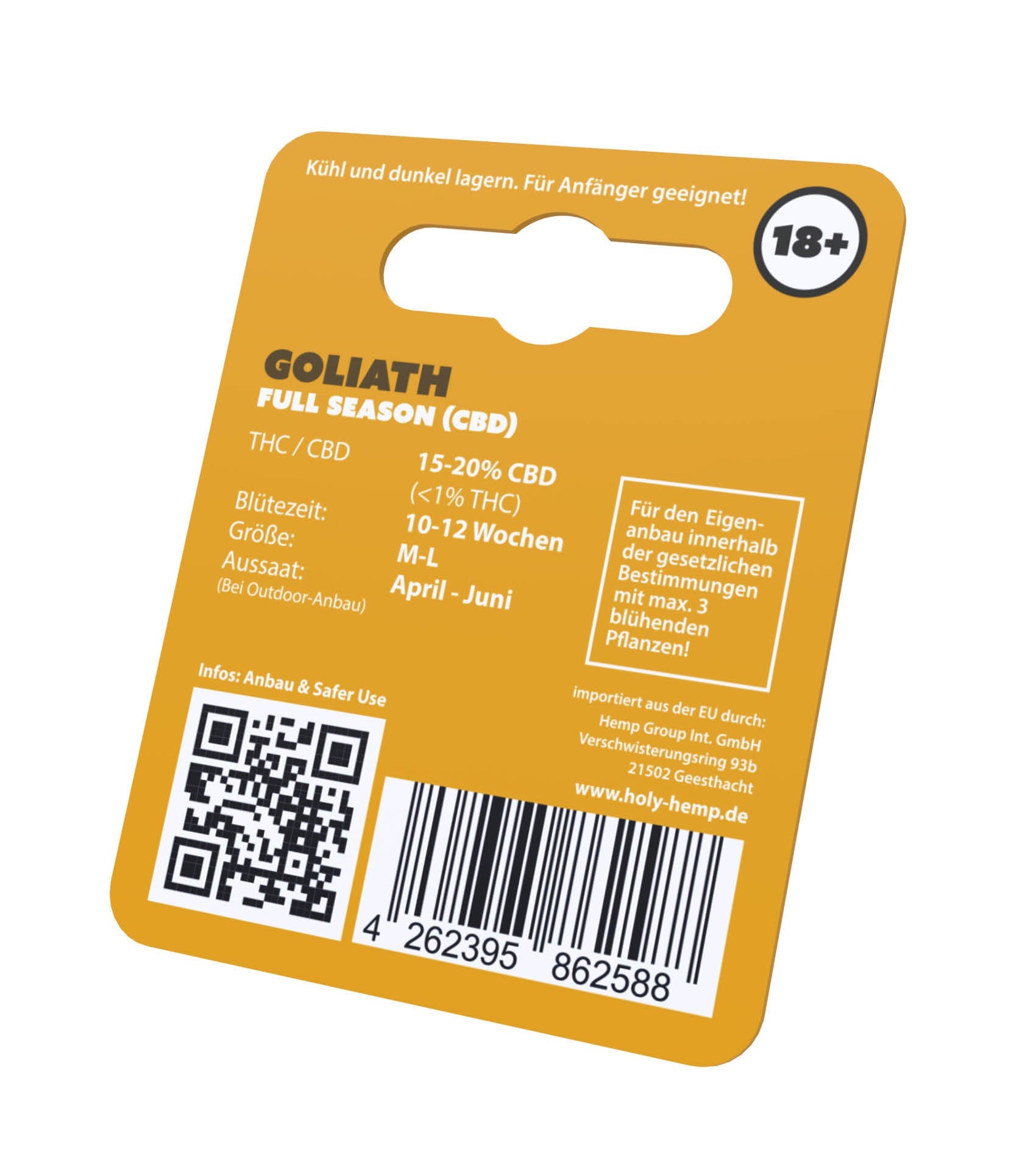 Gelbe Holy Hemp Goliath Verpackung mit Infos zu CBD/THC, Blütezeit, Größe, QR-Code, Barcode und 18+ Symbol