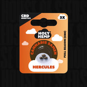Holy Hemp Hercules CBD orange und schwarzes Paket mit drei sichtbaren Samen in der Mitte.