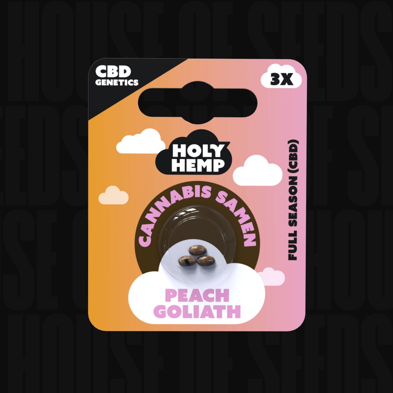 Die Verpackung der Holy Hemp Peach Goliath CBD-Samen ist mit einem Pfirsich- und Wolkendesign versehen.