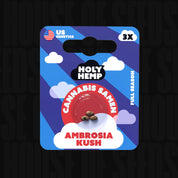 Blaue Holy Hemp Verpackung Ambrosia Kush mit 3 Samen, rotem Kreis, US-Flaggen-Symbol und Wolken