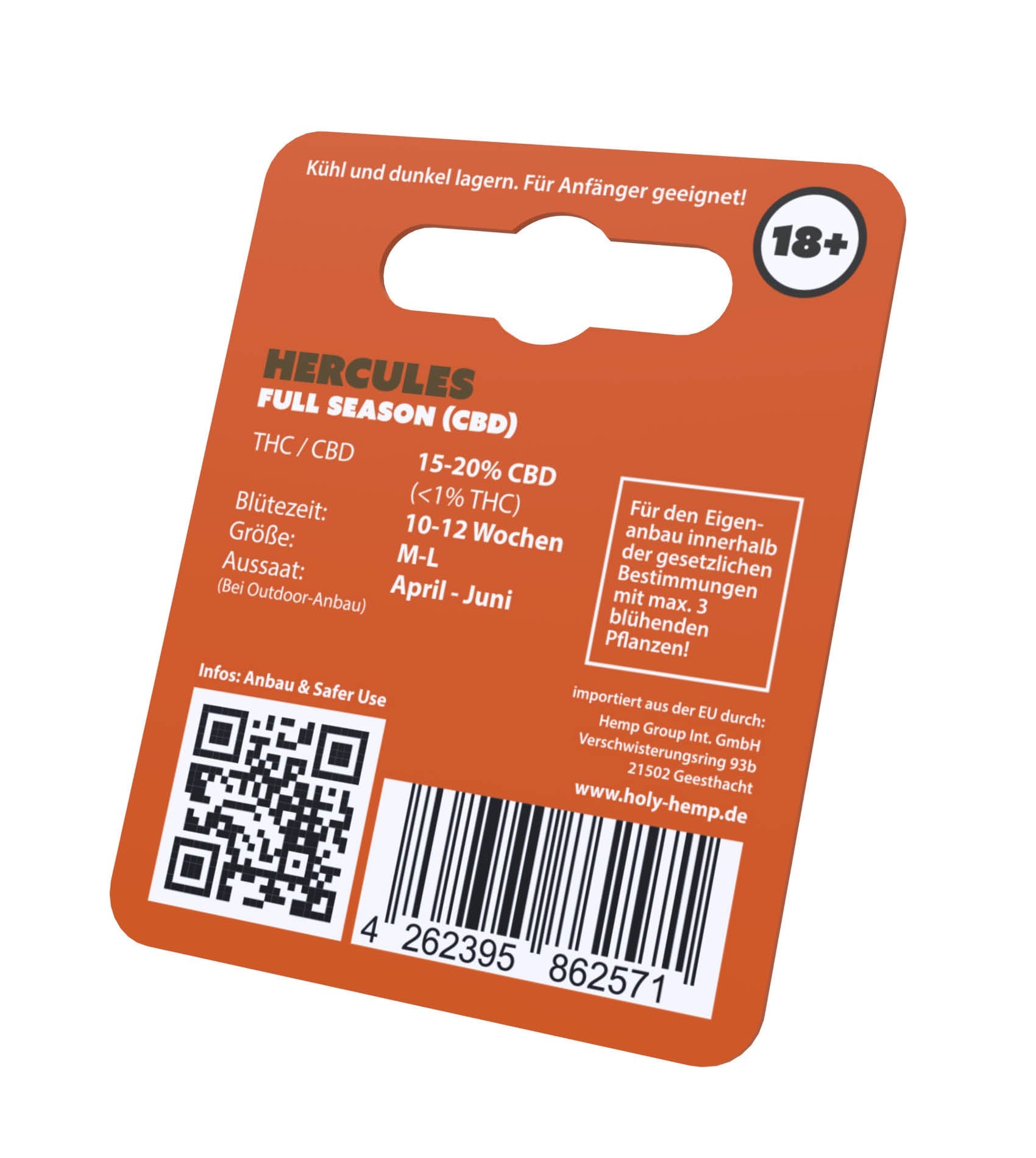 Orangefarbene Samenpackung mit der Aufschrift "Hercules CBD" von Holy Hemp mit Produktdetails, QR-Code und Barcode.