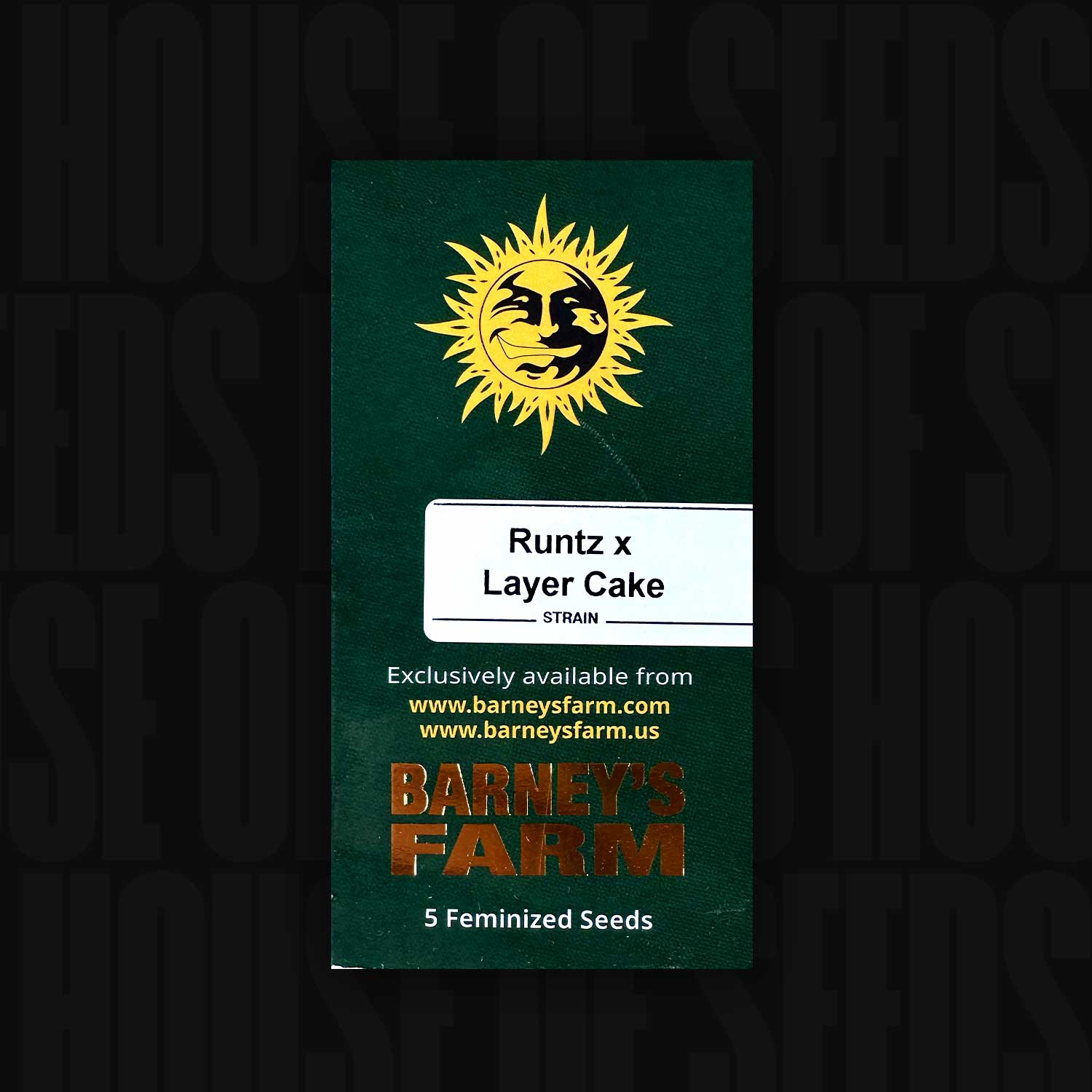Eine grüne Runtz x Layer Cake-Packung mit einem Sonnenlogo von Barney's Farm enthält 5 Samen.