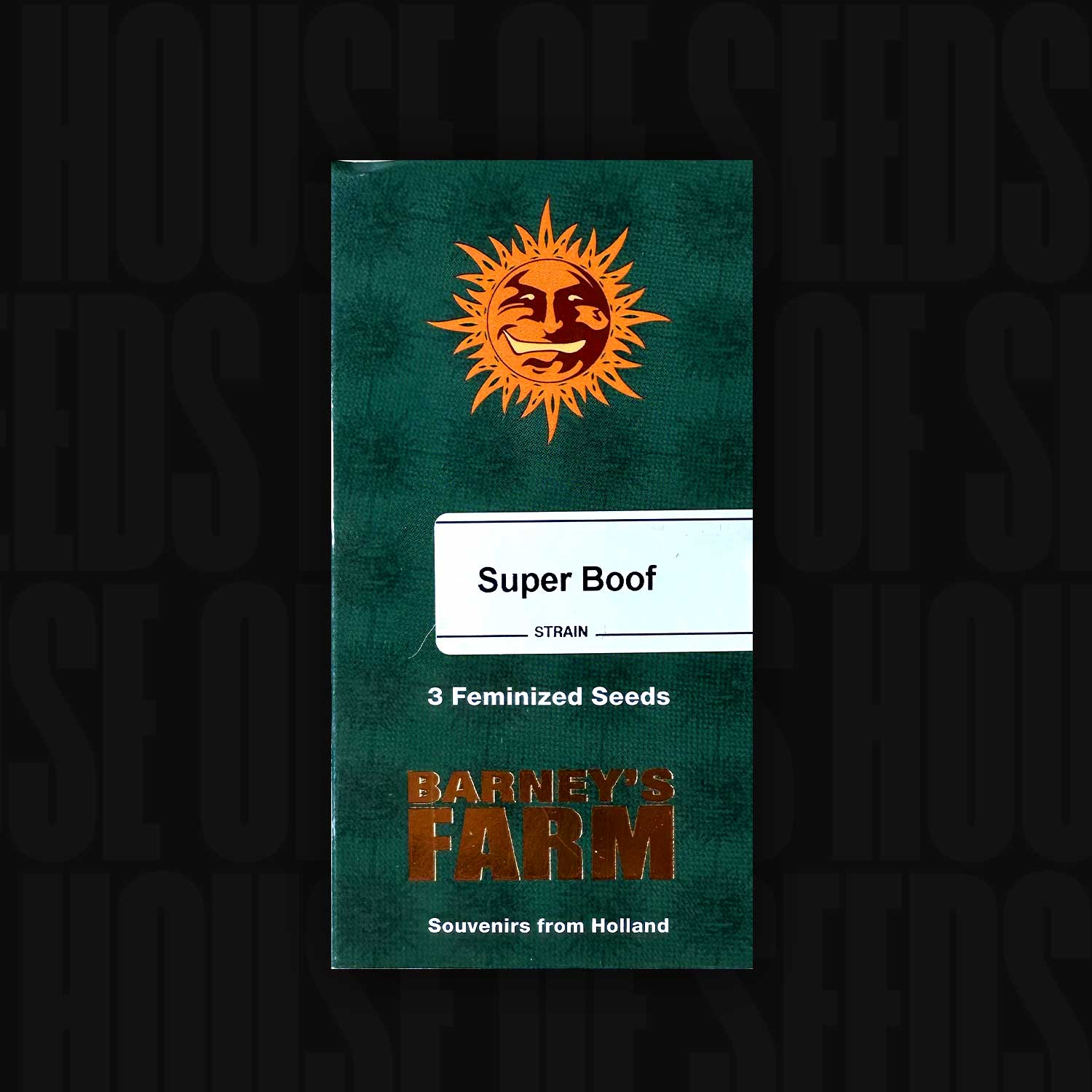 Green Super Boof-Paket von Barney's Farm, 3 feminisierte Samen, Sonnenlogo auf dem Etikett.