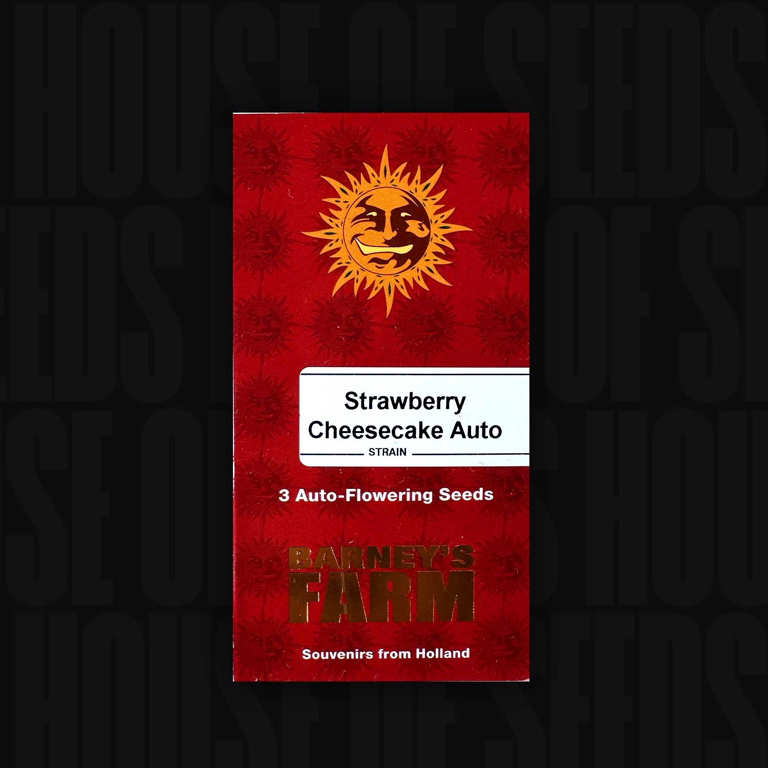 Red Barney's Farm Strawberry Cheesecake Auto seeds pack with white label and sun logo.